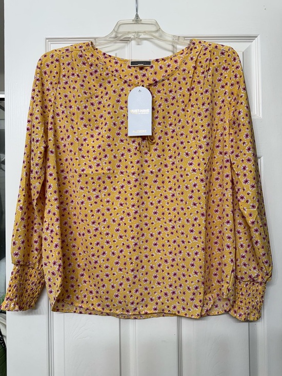 Pleione Tops - Pleione Yellow Floral Long-Sleeve Blouse with Smocked Cuffs